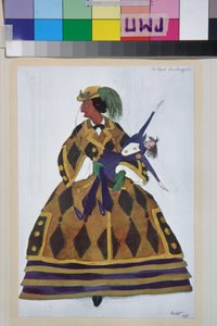 L'anglaise, kostyme for balletten la boutique fantasque av Gioachino Rossini - Verk av Leon Bakst (1866-1924), litografi 1919 - (Kostumedesign for balletten ""The Magic Toy Shop"" av Gioachino Rossini, av Leon Bakst, Fargelitografi av Leon Bakst