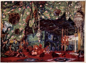 Scenografi av Leon Bakst (1866-1924), russisk maler og dekoratør for operaen "Scheherazade" (Sheherazade) av Nicholas (Nikolai) Rimski Korsakov (Rimski-Korsakov) (1844-1908). av Leon Bakst