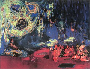 Skisse av settingen for Rimski-Korsakovs ballett «Sjeherezade» (akvarell, blyant og gull på papir) av Leon Bakst