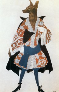 Ulven, kostymeskisse til Tsjaikowskis ballett «La Belle au bois dormante» (akvarell, gouache og gull på papir) av Leon Bakst