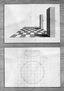 Godbiter om arkitektur, perspektiv og geometri: tavle hentet fra "" De Architectura Libri decem"" av Leon Battista Alberti (1404-1472), arkitekt, matematiker, italiensk poet fra renessansen, London