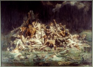 Syndfloden En klynge av kropper av mennesker og dyr under regnstrømmene av himmelens sinne, noen er allerede druknet, andre skriker sin nød. Maleri av Leon Comerre (1850-1916) 1911 Søn. 3,45x4,48 m Nantes, Musee des Beaux Arts