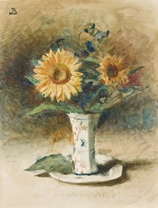 Hélas! Je ne suis pas Van Dyck: to solsikker i en vase (svart kritt, akvarell, lagt om bord) av Leon Joseph Florentin Bonnat