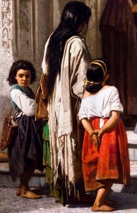 Ung kvinne gir veldedighet ved inngangen til kapellet på San Sebastian-sykehuset i Cordoba, detalj av Leon Joseph Florentin Bonnat