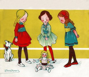 Jenter som leker dukker. (Illustrasjon,; ca. 1910)