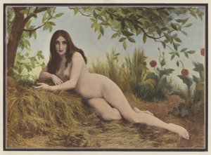 Sommer, kvinne som ligger i høyet (farge litho) av Leon Printemps