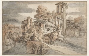 Kirke og gamle ruiner i Italia av Leonaert Bramer (attributed to)