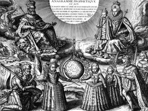 Fransk kongefamilie i 1607 (propaganda): Den franske kongen Henri IV og hans kone dronning Marie de Medicis holder datteren Christine ; nederst: deres andre barn: fremtiden Ludvig XIII, Elisabeth og Henriette-Marie. På r : kongen fulgt av sin syke av Leonard Gaultier
