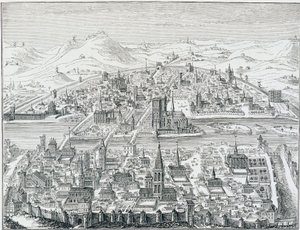 Stort perspektivbilde av Paris i 1607, basert på graveringen av Léonard Gaultier.