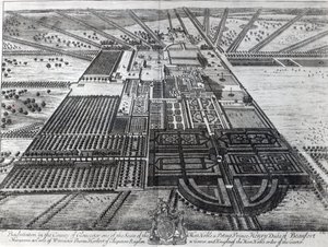 Badmintonhus i fylket Gloucester, gravert av Johannes Kip av Leonard Knyff