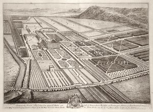 Chatsworth House, sete for William Cavendish (1640-1707) 1. hertug av Devonshire, gravert av Johannes Kip (ca. 1652-1722)