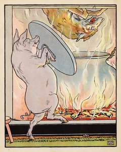 Illustrasjon til De tre små grisene (fargelitografi) av Leonard Leslie Brooke