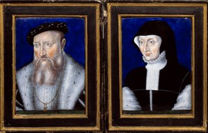 Portrett av Claude de Lorraine (1496-1550), hertugen av Guise og Antoinette av Bourbon Vendome (1494-1583), hans kone Emalje malt av Leonard Limosin (1505-1577) 1550 ca. Sol. 0,25x0,2 m Ecouen, Musee national de la renaissance