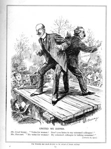 Lloyd George og Harcourt, begge ministre i den liberale regjeringen, er uenige om å gi stemmer til kvinner, 1910 av Leonard Raven Hill
