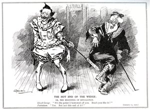 Lloyd George, som president for Board of Trade, beskyttet britisk industri mot tysk konkurranse ved "Patent and Designs Act" fra 1907, 1909 av Leonard Raven Hill