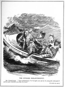 Lloyd George, avbildet som en livbåtseiler, møter motstand mot sin National Insurance Act, 1911