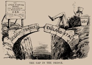 Gap in the Bridge. Tegneserie om USAs fravær i Folkeforbundet, desember 1919.
