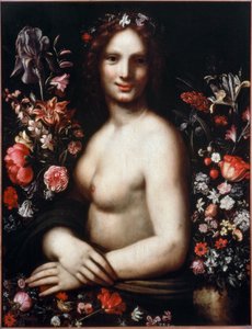 Byste av en ung kvinne kalt Flora (Flora) blant blomstene Modellen skulle være Mona Lisa (Mona eller Monna Lisa) maleri etter en tegning av Leonardo da Vinci (Leonard de Vinci) (1452-1519) 1600-tallet Bergamo, accademia Carrara av Leonardo da (after) Vinci