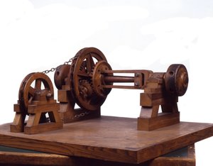 Tremodell (modell) av tannhjul og hjul er basert på designet til Leonardo da Vinci (Leonard de Vinci) (1452-1519) Museum of Science and Technology, Milano.