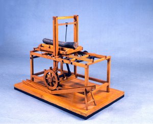 Tremodell (modell) av hydraulisk sag drevet av gir og vann. Laget etter tegning av Leonardo da Vinci (Leonard de Vinci) (1452-1519) Museum of Science and Technology, Milano.