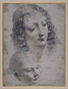 Hodet til en kvinne og hodet til en baby (metallspiss på grått forberedt papir) av Leonardo da (follower of) Vinci