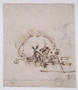 En enhjørning som dypper hornet sitt i en vannbasseng, ca. 1481 (penn og blekk og metallspiss på papir) av Leonardo da Vinci