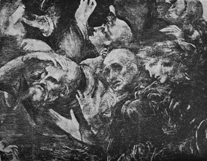 Adoration of the Magi - Hoder for gruppen bak den knelende kongen til høyre, c1481 1945 av Leonardo da Vinci