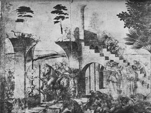 Adoration of the Magi - Ryttere i mellomdistansen til venstre, c1481 1945 av Leonardo da Vinci