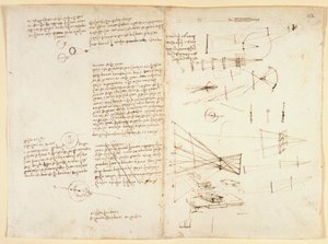 Arundel 263 f.115v, f.112 Notater, skisser og et diagram over øyets egenskaper, ca.1490 (penn og blekk på papir) av Leonardo da Vinci