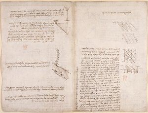 Arundel 263, f.120v, f.121 Notater og diagrammer om mekanikk, angående væskehastighet, ca. 1503-6 (penn og blekk på papir) av Leonardo da Vinci