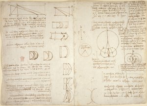 Arundel 263, f.222v, f.219, Tegninger på de mekaniske kreftene og kreftene, perkusjon, gravitasjon, bevegelse, optikk og astronomi, med ulike aritmetiske og geometriske forslag (penn og blekk på papir) av Leonardo da Vinci