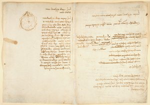 Arundel 263 f.236v, f.233 Notater om vann; skisse som illustrerer jordkloden, fra 