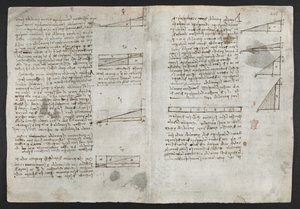 Arundel 263, f.246v Tegninger på de mekaniske kreftene og kreftene, perkusjon, gravitasjon, bevegelse, optikk og astronomi, med ulike aritmetiske og geometriske forslag, illustrasjon fra Leonardos 