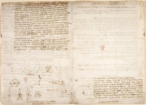 Arundel 263, f.266v, f.267 Notater om kosmologi (opp-ned); diagrammer som illustrerer Leonardos observasjoner av tyngdepunktet, fra 