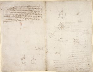 Arundel 263, f.35v, f.34 Tegninger på de mekaniske kreftene og kreftene, perkusjon, gravitasjon, bevegelse, optikk og astronomi, med ulike aritmetiske og geometriske forslag. av Leonardo da Vinci