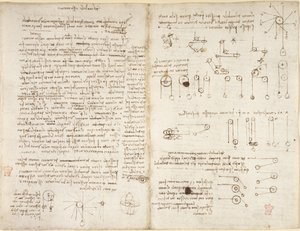 Arundel 263, f.43v, f.42, Notes and diagrams on mechanics, entitled 