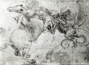 Kamp mellom en rytter og en drage, ca. 1482 (undertegning med penne, penn og pensel på papir) av Leonardo da Vinci