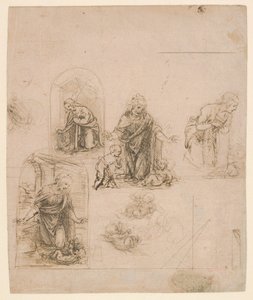 Komposisjonsskisser for jomfruen som tilber Kristusbarnet, 1480-85 (sølvpunkt) av Leonardo da Vinci
