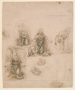 Komposisjonsskisser til Jomfruen som tilber Kristusbarnet, med og uten den lille Johannes Døperen; diagram over en perspektivisk projeksjon (forside); lette skriblerier (bakside) av Leonardo da Vinci