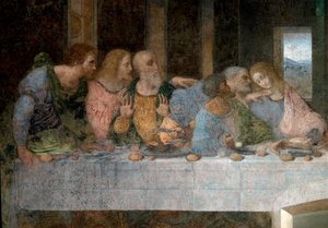 Detalj av La Cene (Il Cenacolo (Ultima Cena)) som representerer fra venstre til høyre apostelen Saint Barthelemy, James, sønn av Alphee, Andre, Judas, Peter og Johannes. 1495 - 1498. Fresco av Leonardo da Vinci (Leonardo da Vinci). Refektoriet Santa Maria  av Leonardo da Vinci