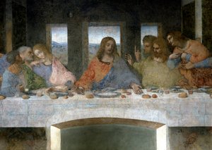 Detalj av Cene (Il Cenacolo (Ultima Cena)) som til venstre representerer apolene Judas, Peter og Johannes, Kristus i sentrum og apolene Thomas, Jakob majoren og Filip. Bokstaven V mellom Johannes og Kristus vil referere til gralens beger eller th av Leonardo da Vinci