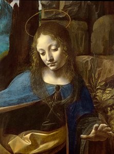 Detalj av Jomfruens hode, fra The Virgin of the Rocks (Jomfruen med spedbarnet Saint John som tilber spedbarnet Kristus akkompagnert av en engel) detalj, ca. 1508