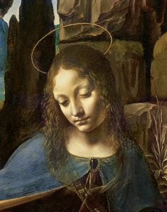 Detalj av Jomfruens hode, fra The Virgin of the Rocks (Jomfruen med spedbarnet Saint John som tilber spedbarnet Kristus akkompagnert av en engel), ca. 1508