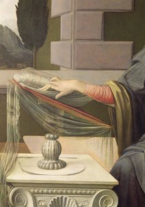 Detalj av Jomfru Maria, fra kunngjøringen, 1472-75 olje på panel etter restaurering av Leonardo da Vinci