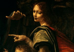 Detalj av jomfruen med steiner, døperen Johannes pekefinger og hånd til jomfru Maria av Leonardo da Vinci
