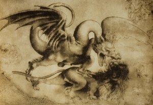 Drage dreper en løve, tegning av Leonardo da Vinci. Cabinet of Drawings and Prints, Uffizi Gallery, Firenze av Leonardo da Vinci
