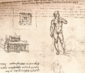 Tegning av planer for et slott, og av en naken figur, vasket med indisk blekk, c1472-c1519 1883 av Leonardo da Vinci