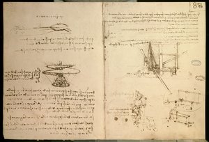 Flyvende maskiner, en av de første tegningene av en helikopterlignende flygemaskin, ca. 1487 av Leonardo da Vinci