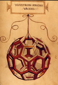 Geometri: "" An Icosahedron"" Side hentet fra manuskriptet "" De divina proportione"" (Om guddommelige proporsjoner) av matematikeren Fra Luca Pacioli dit Luca di Borgo (1445-1517) illustrert av Leonardo da Vinci (14 av Leonardo da Vinci