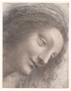 Jomfruens hode, 1508-1512 (svart kritt, kull og rødt kritt, med noen spor av hvitt kritt på kortet) av Leonardo da Vinci